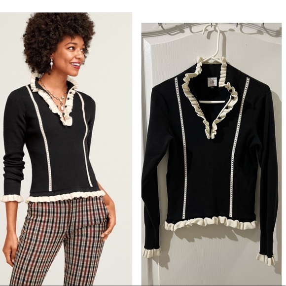 CAbi | Sweaters | Cabi Adorn Pullover Ruffle Trim Tuxedo Style Sweater Size  S | Poshmark